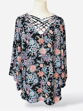 Sami & Jo Plus Floral Print Top in Black, Coral & Blue women’s size 1X (G81)